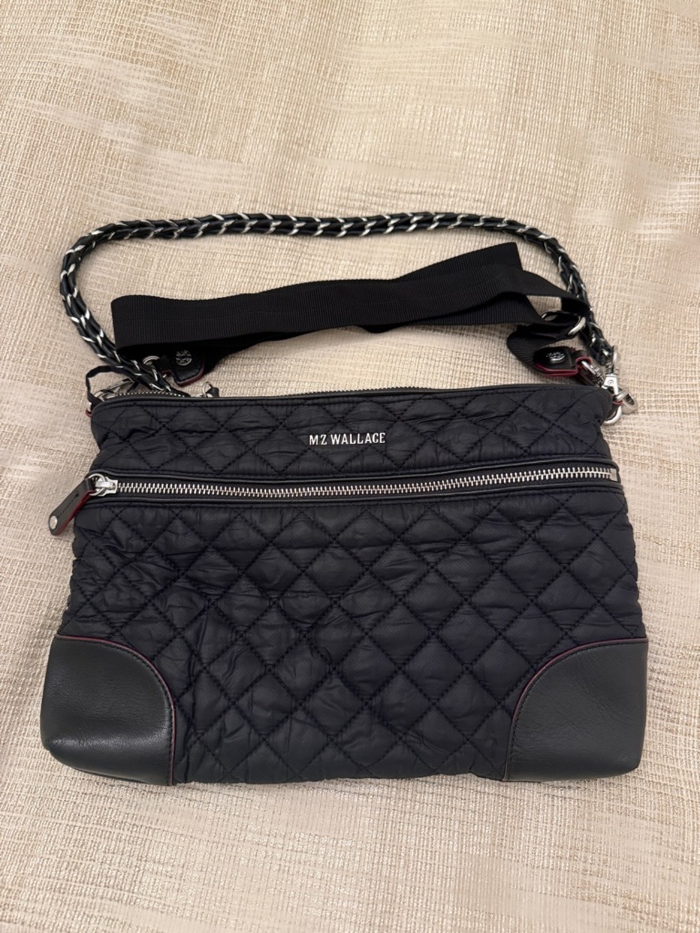 MZ Wallace Black Quilted Nylon Crossbody with Chain-Detail Strap